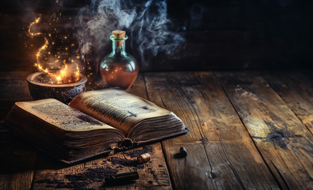 Open old book with bowl for magic spell on old wooden rustic tab